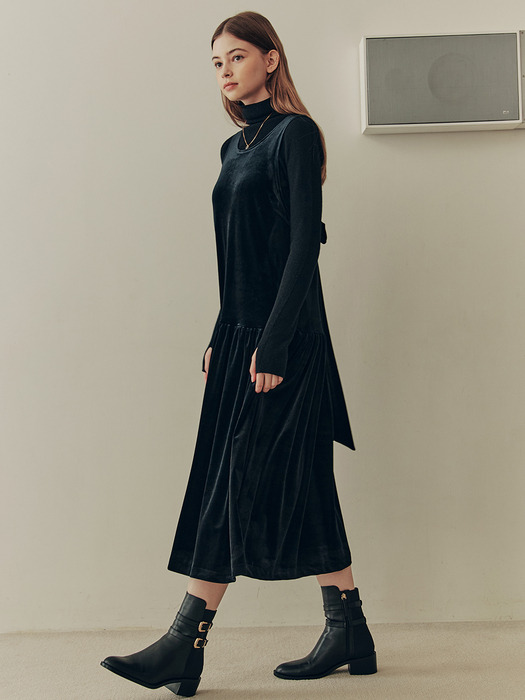 벨벳 리본 포인트 드레스 / 블랙