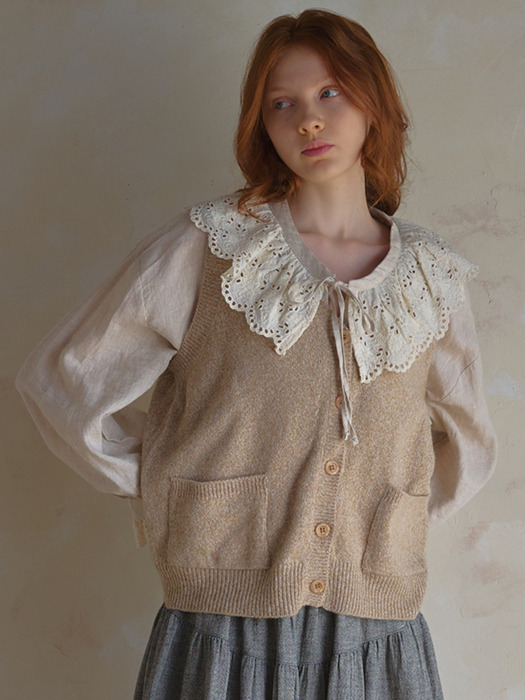 Wool tweed vintage V-neck open vest knit