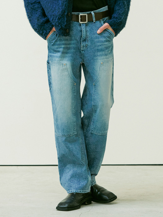 STRAIGHT DOUBLE KNEE WASHED DENIM PANTS BLUE