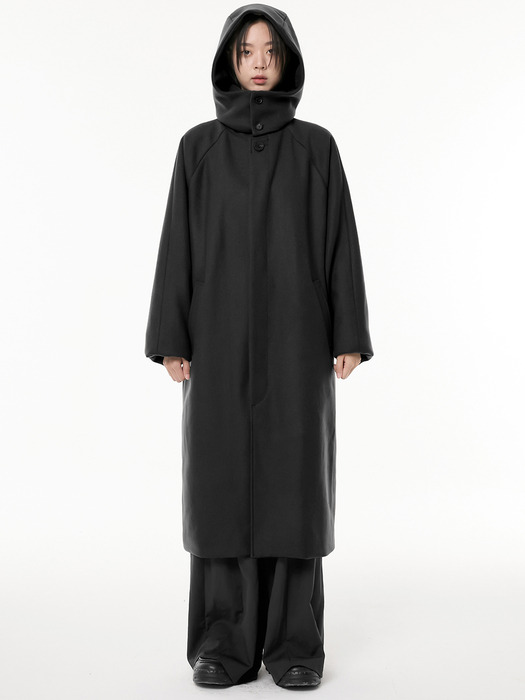 Hoodie Balmacaan Long Coat (FL-042_Black)