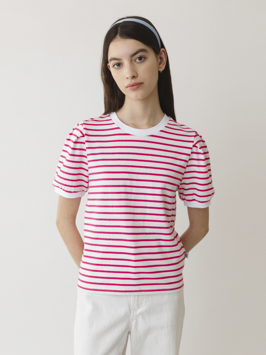 A STRIPE PUFF SLEEVE T_PINK