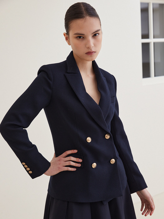 Double Breasted Virgin Wool Jacket-Navy/ Gold button