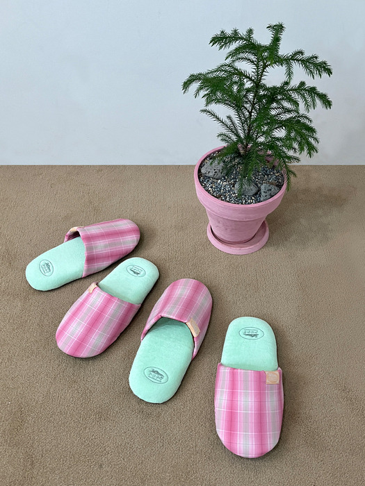 Cutie Check Room Shoes (Pink check + mint) M size (220-250)
