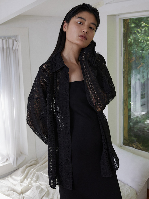 Relaxed Fit Lace Cardigan Shirts_BLACK