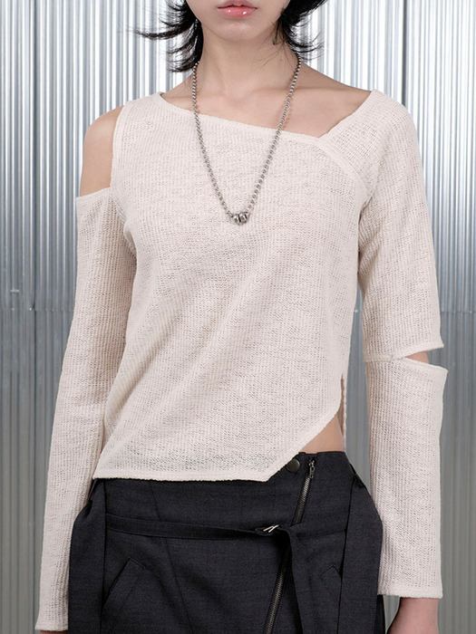 DIAGONAL LINE CUT-OUT SLEEVE TOP_IVORY