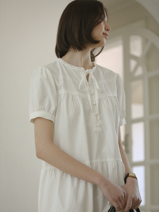 Lace taping washing cotton dress_Ivory