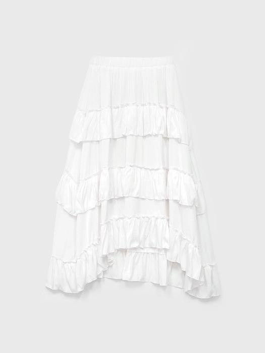 Trimming frill Unbalanced Long Banding Skirt White