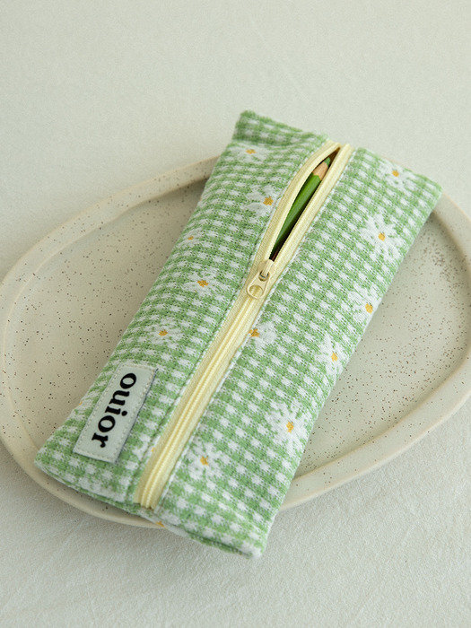 ouior flat pencil case - check flower green (middle zipper)