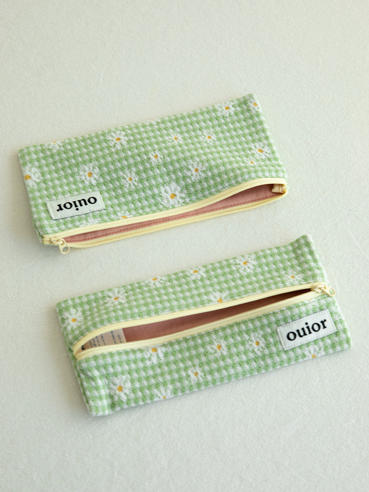 ouior flat pencil case - check flower green (middle zipper)