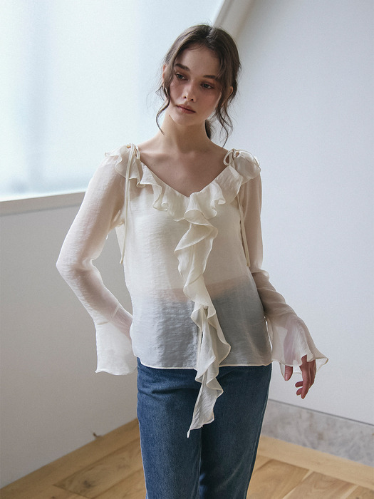 RUFFLE DETAIL SEE-THROUGH BLOUSE_IVORY