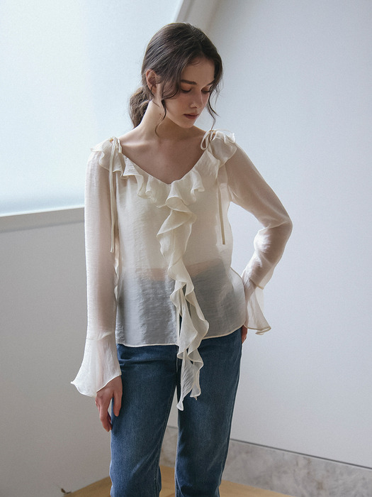 RUFFLE DETAIL SEE-THROUGH BLOUSE_IVORY