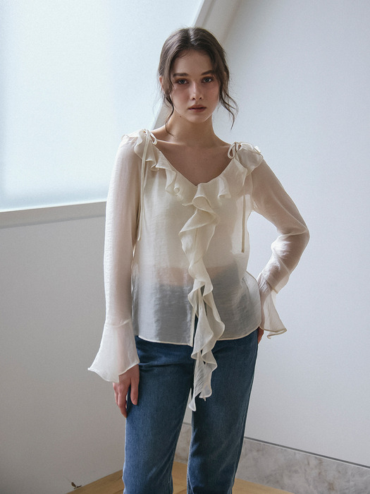 RUFFLE DETAIL SEE-THROUGH BLOUSE_IVORY