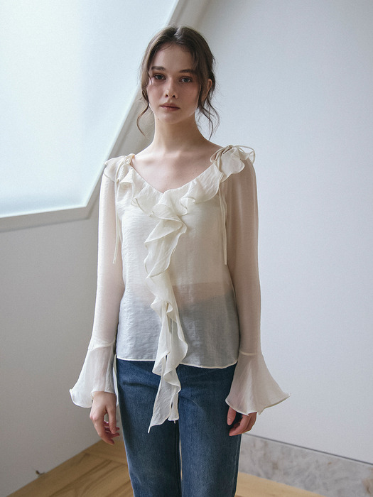 RUFFLE DETAIL SEE-THROUGH BLOUSE_IVORY