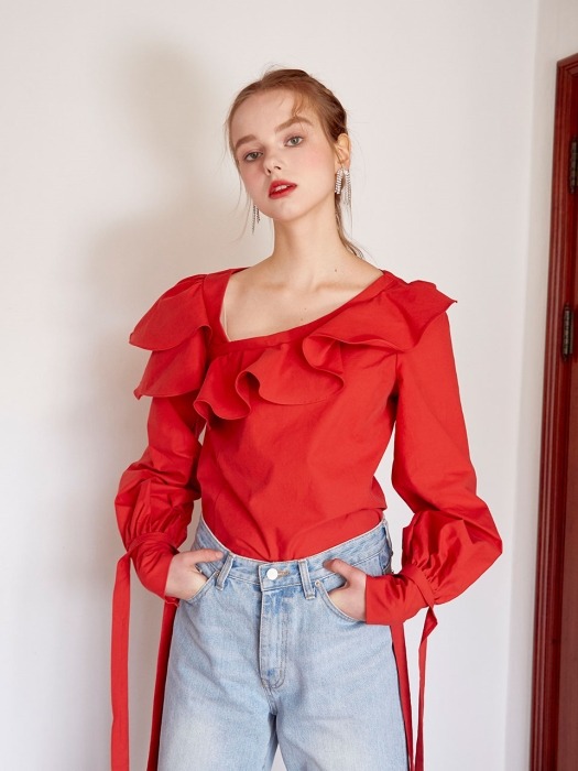 Ruffled puff blouse (Red)