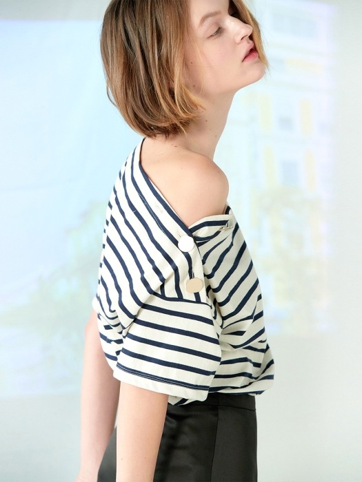 shoulder button stripe T-shirt Ivory