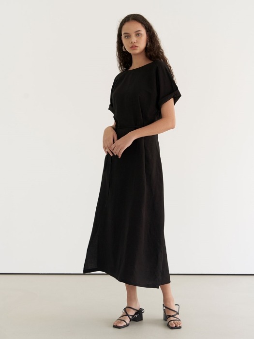 Linen shirring dress - Black