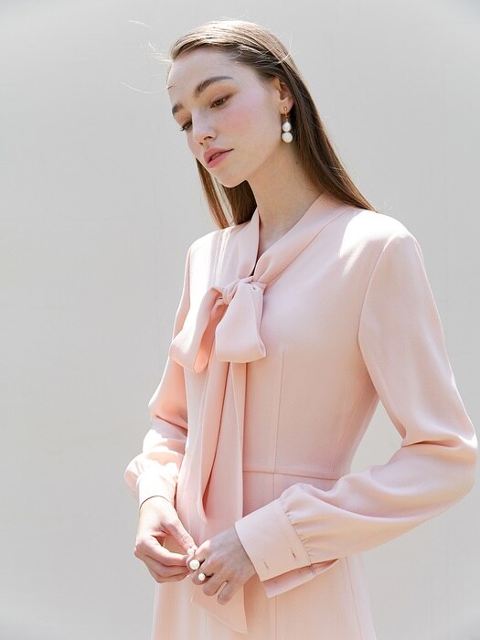 [미전시]KATE Ribbon tied long sleeve dress (Peach Pink)