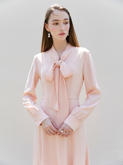 [미전시]KATE Ribbon tied long sleeve dress (Peach Pink)
