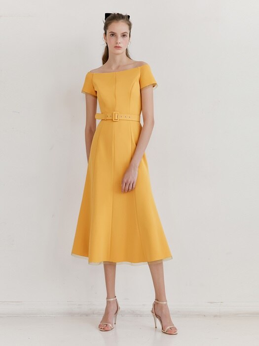 [미전시]BRIANA Off shoulder short-sleeve formal dress (Mandarin Yellow)