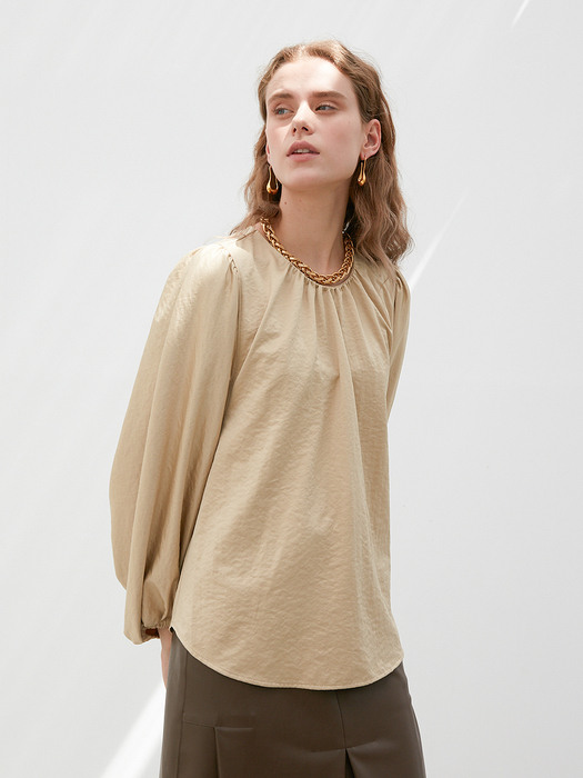 DRAPE SLEEVE SATIN BLOUSE in Light Beige [U0W0B401/71]