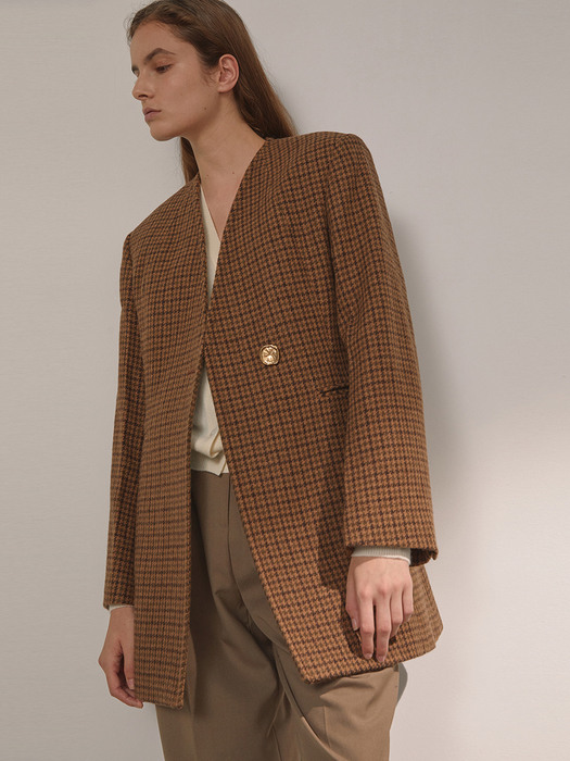 DEMERE COLLARLESS BELTED JACKET (CHECK BROWN)