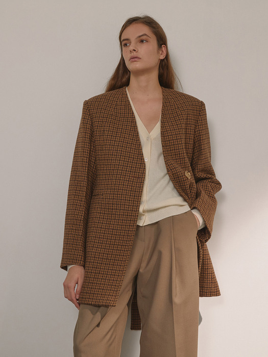 DEMERE COLLARLESS BELTED JACKET (CHECK BROWN)