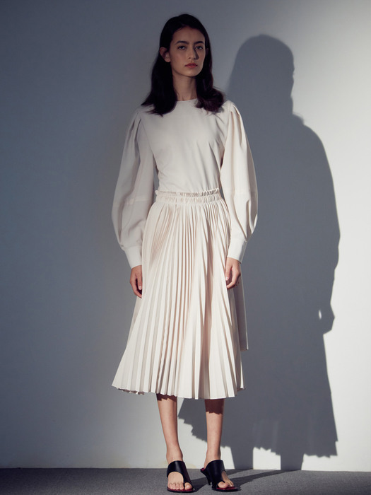 BELT DETACHABLE PLEATS DRESS_IVORY