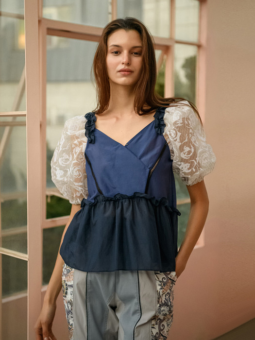 Rose Guipure Lace Puff Sleeve Silk-blend Blouse