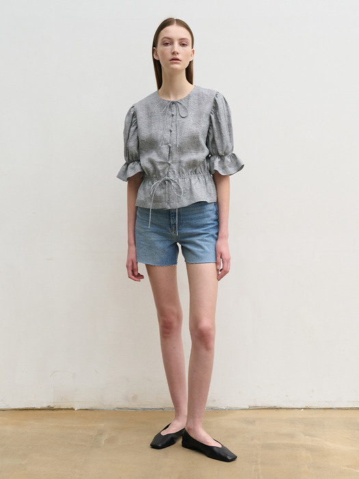 Linen shirred waist blouse (check)