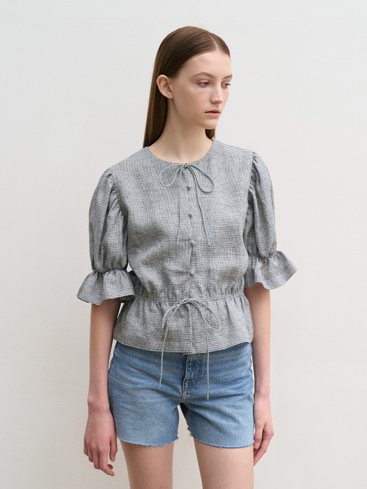 Linen shirred waist blouse (check)