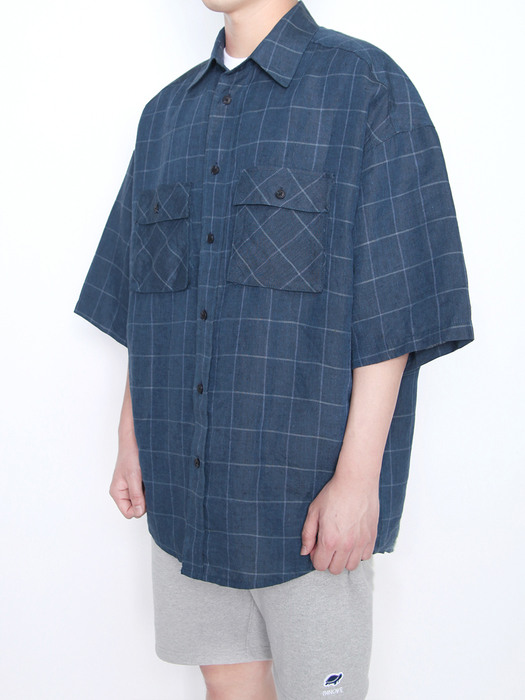 pnv019_panove over fit linen check half shirt italy fabric (blue-green)