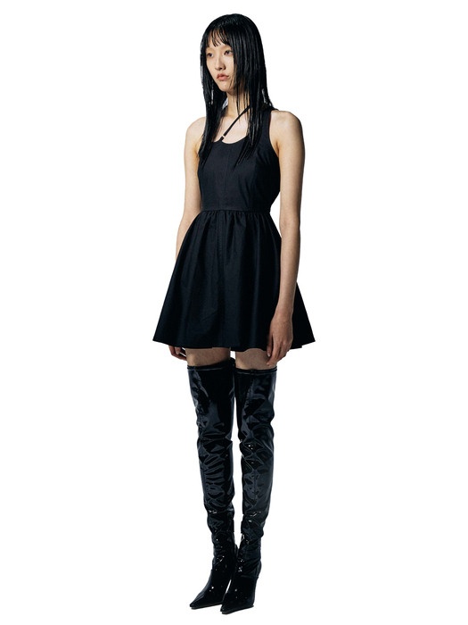 Black Cotton Neck Ling Mini Dress