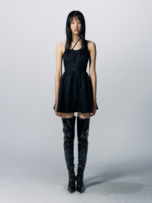 Black Cotton Neck Ling Mini Dress