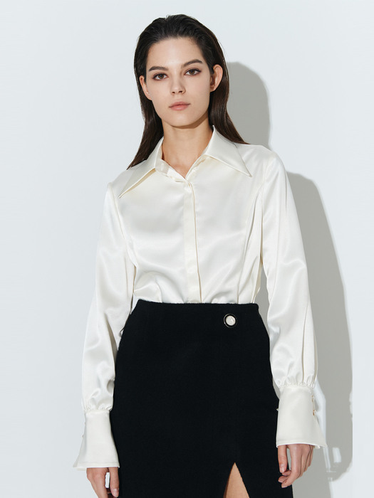 Silky Satin Fitted Shirts [Ivory]