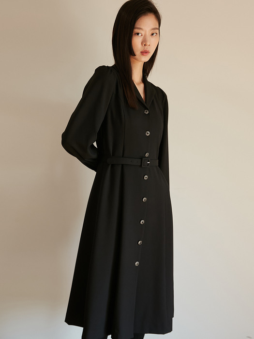 TAILORED COLLAR BELT LONG ONE-PIECE BASIC BLACK (SPECIAL BUTTON)
