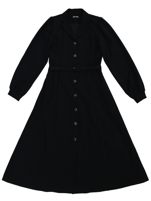 TAILORED COLLAR BELT LONG ONE-PIECE BASIC BLACK (SPECIAL BUTTON)