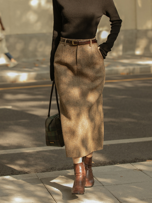 CATHERINE herringbone wool skirt_brown