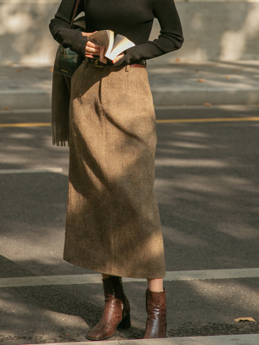 CATHERINE herringbone wool skirt_brown