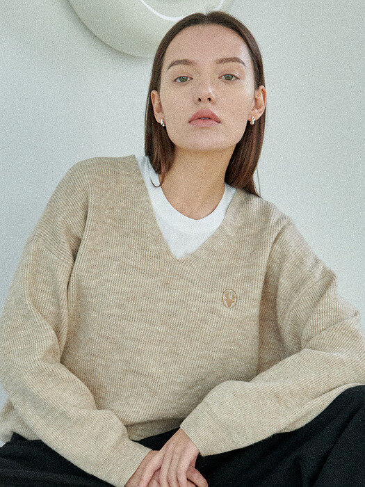 wool v-neck knit_ beige