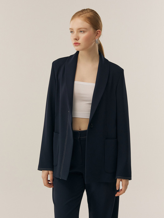 [Drama Signature] Shawl Collar Stitch Blazer_NAVY