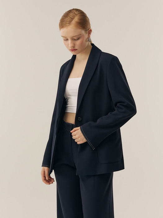 [Drama Signature] Shawl Collar Stitch Blazer_NAVY