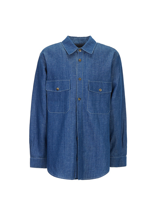 LINEN-BLEND DENIM FLAP POCKET SHIRT_BLUE