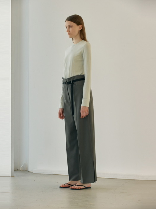 Belted wide pants (khaki)