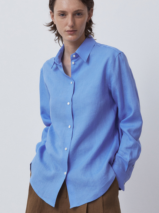 POINTED COLLAR LINEN SHIRTS-ASH BLUE