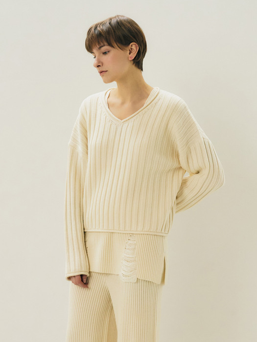 V-Neck Ribbed Sweater, Ivory