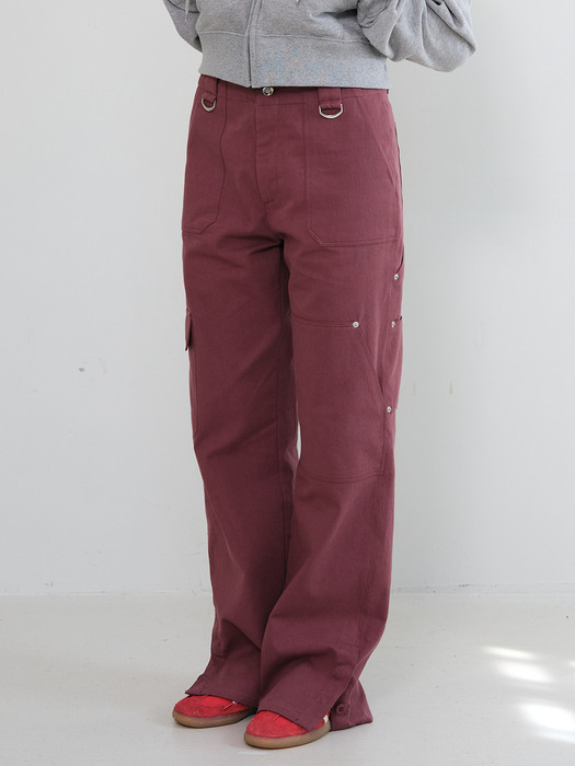 Button Pocket Wide Cargo Pants [RED BROWN]