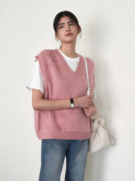 V-neck boucle line knit vest - 2 color