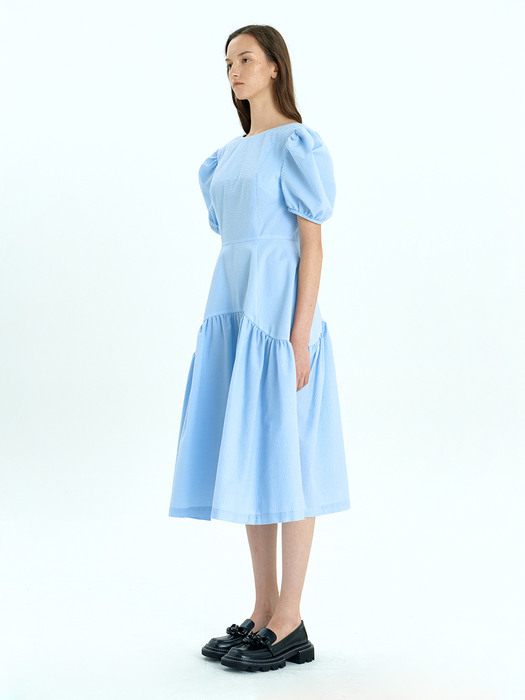  Puff-sleeve Shirred Dress_[BLUE, BLACK]
