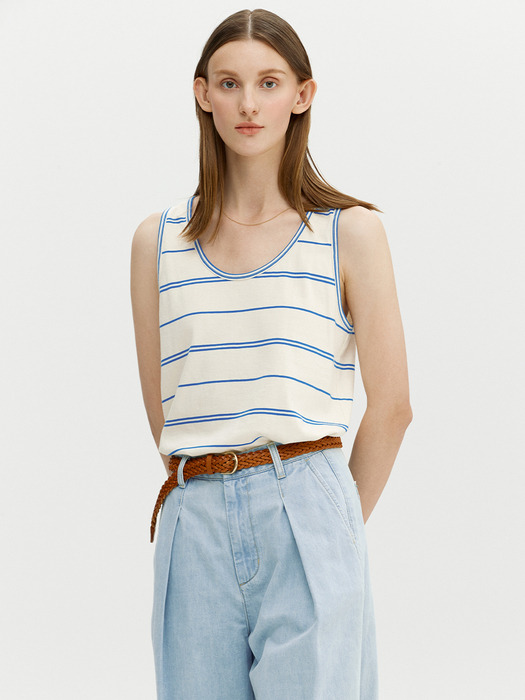 PANTHEON Basic sleeveless top (Ivory&Blue stripe)