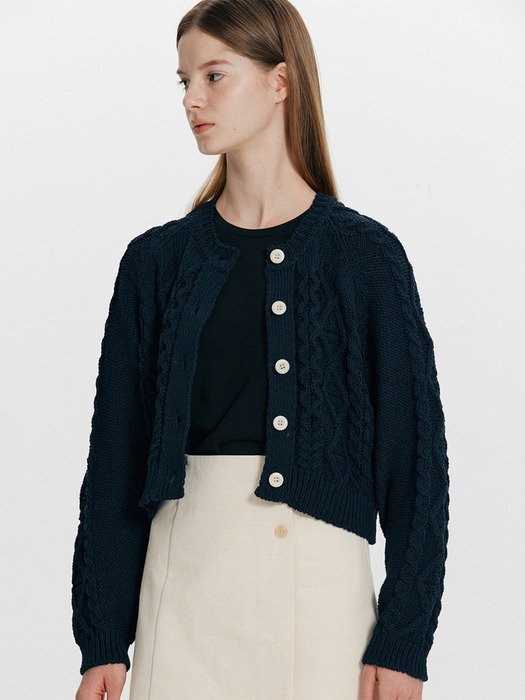 Cable Cropped Cardigan(Navy)